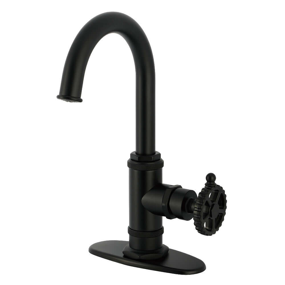 Kingston Brass KSD8503CG Fuller Single-Handle Bar Faucet, Antique Brass in matte black finish, perfect for modern kitchens.