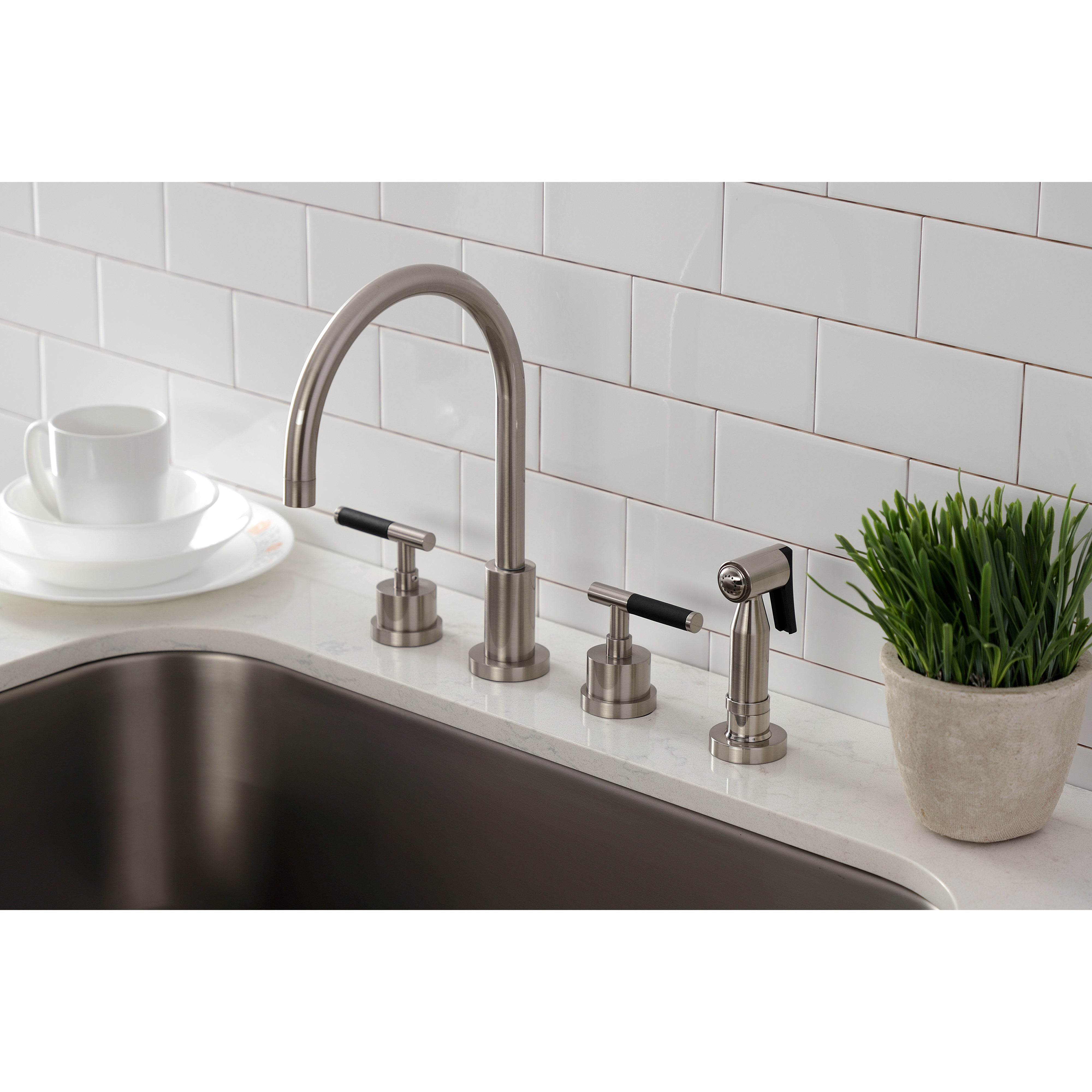 Kingston Brass KS8723CKLBS Kaiser Double-Handle Widespread Kitchen Faucet with Brass Sprayer, Antique Brass