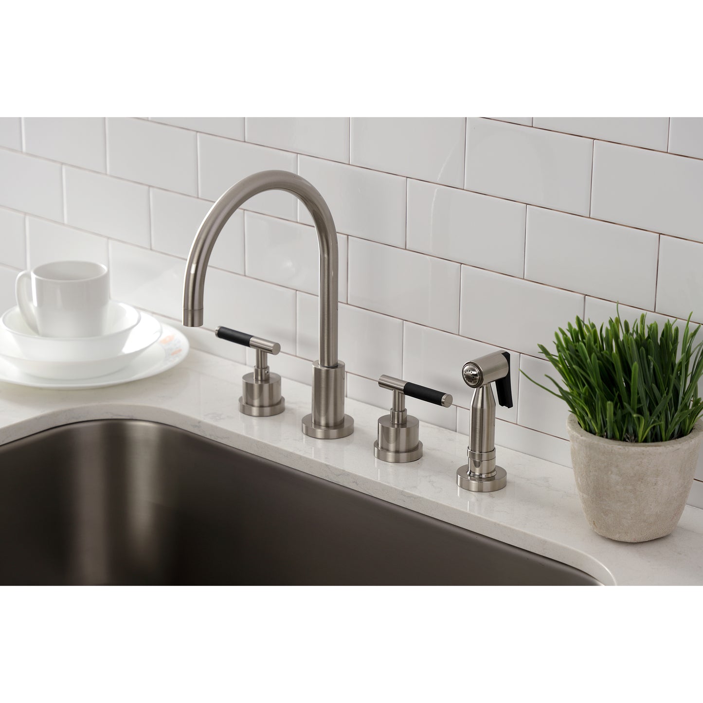Kingston Brass KS8723CKLBS Kaiser Double-Handle Widespread Kitchen Faucet with Brass Sprayer, Antique Brass