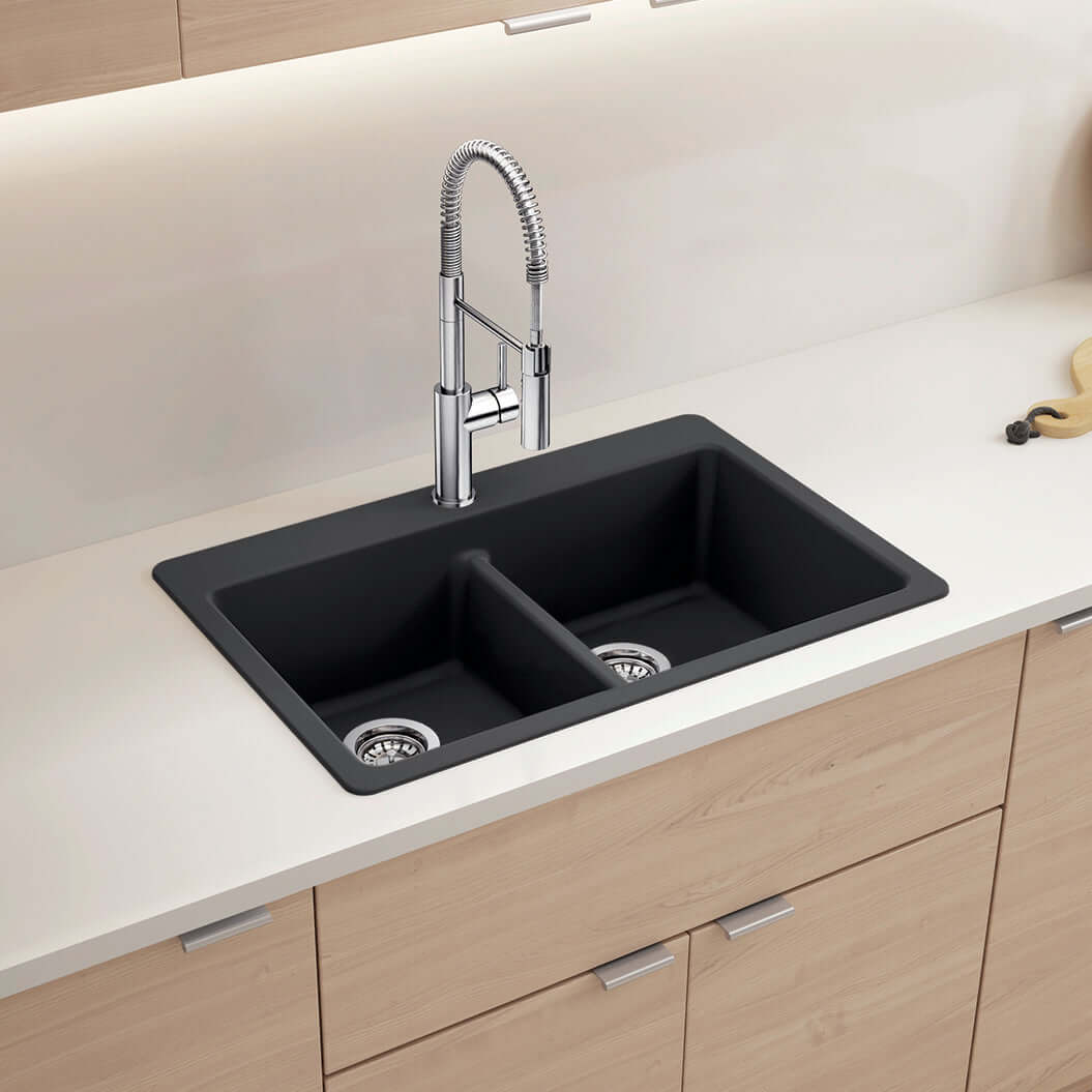 BLANCO Liven SILGRANIT 33" 50/50 Double Bowl Dual Mount Kitchen Sink with Low Divide in modern kitchen setting.