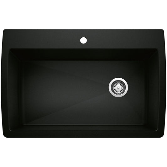 BLANCO Diamond SILGRANIT 33.5" Super Single Dual Mount Kitchen Sink in black with single bowl design.