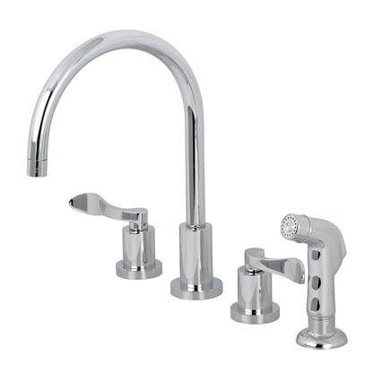 Kingston Brass KS8728DFL  Double-Handle Widespread Kitchen Faucet with Plastic Sprayer, Brushed Nickel in polished chrome finish.