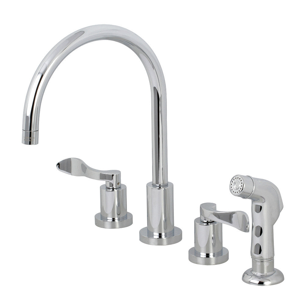 Kingston Brass KS8728DFL  Double-Handle Widespread Kitchen Faucet with Plastic Sprayer, Brushed Nickel in polished chrome finish.
