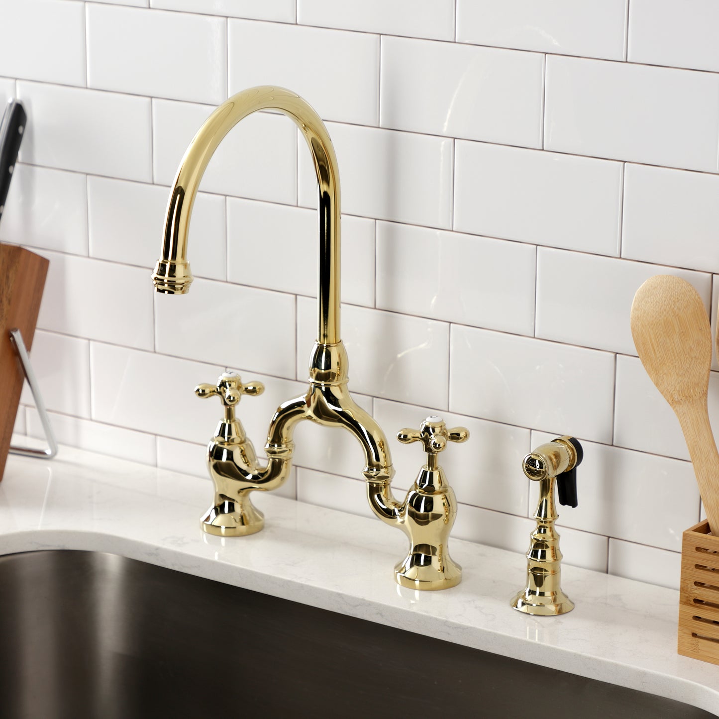 Kingston KS7793AXBS English Country Bridge Kitchen Faucet with Brass Sprayer, Antique Brass