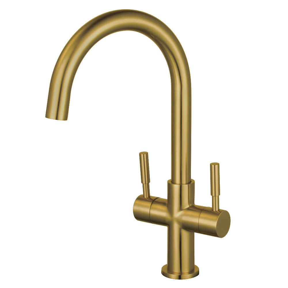 Fauceture LS8293DL Concord Double-Handle Vessel Sink Faucet, Brushed Brass with dual handles, showcasing contemporary design.