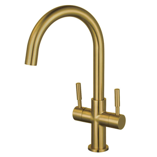 Fauceture LS8293DL Concord Double-Handle Vessel Sink Faucet, Brushed Brass with dual handles, showcasing contemporary design.