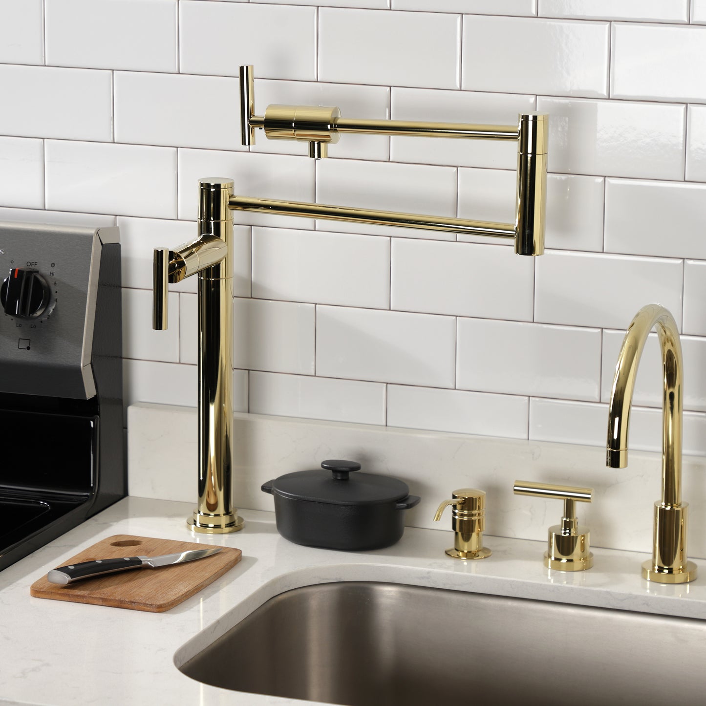 Kingston Brass KS4703CML Manhattan Deck Mount Pot Filler Faucet, Antique Brass in contemporary kitchen setting