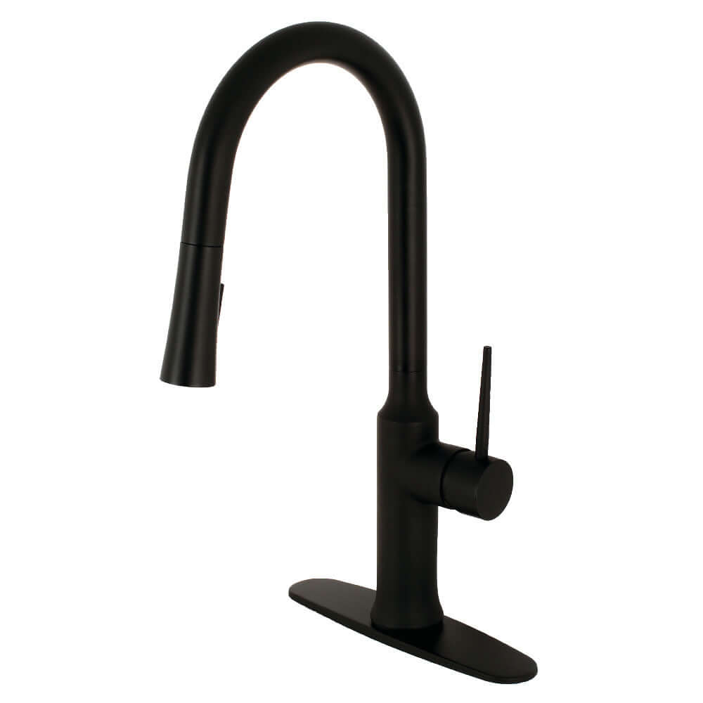 Gourmetier LS2723NYL New York Single-Handle Pull-Down Kitchen Faucet, Brushed Brass in sleek matte black finish.