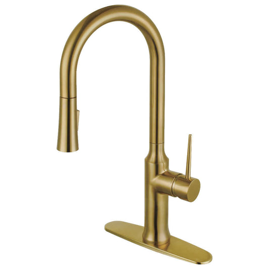 Gourmetier LS2723NYL New York Single-Handle Pull-Down Kitchen Faucet, Brushed Brass with high arch spout.