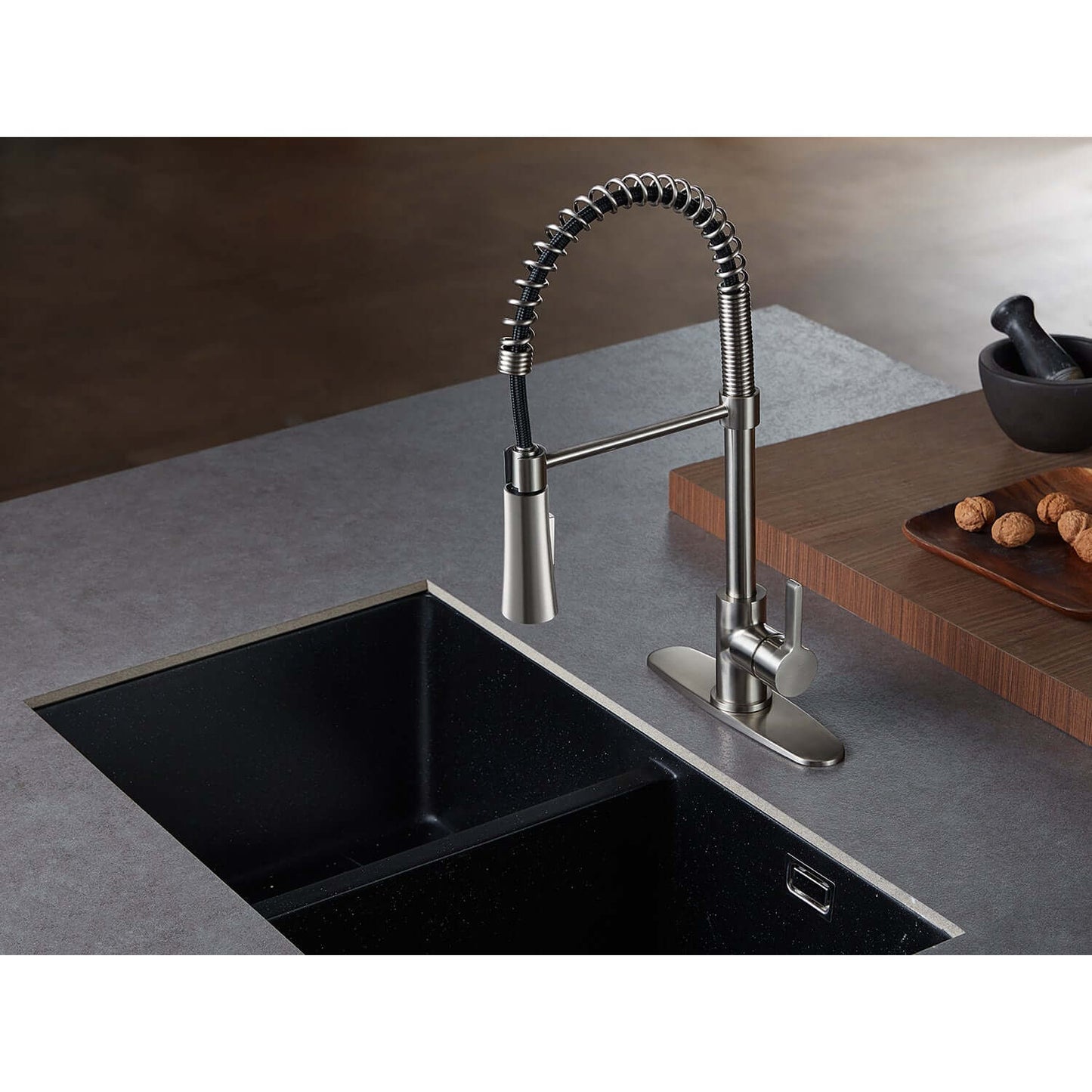 Gourmetier LS8678CTL Continental Single-Handle Deck-Mount Pre-Rinse Kitchen Faucet, Brushed Nickel, top view above sink