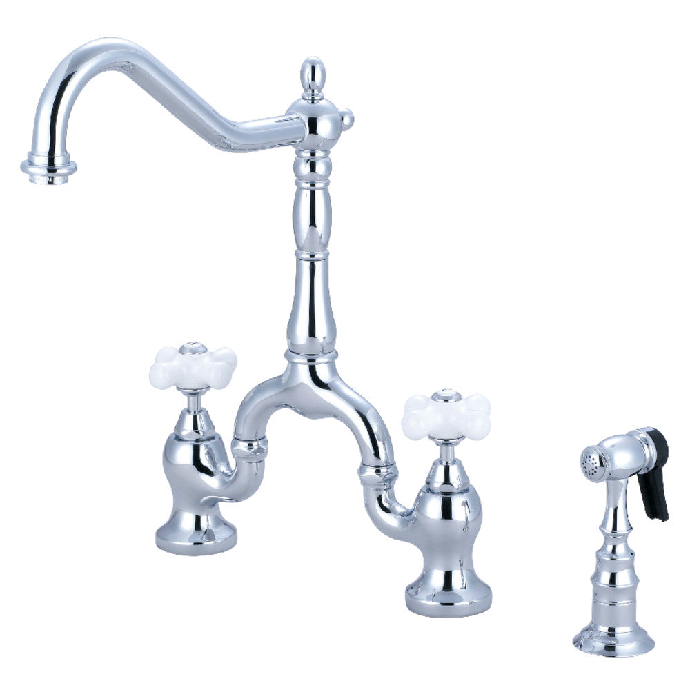 Kingston KS7758PXBS English Country Bridge Kitchen Faucet with Brass Sprayer, Brushed Nickel