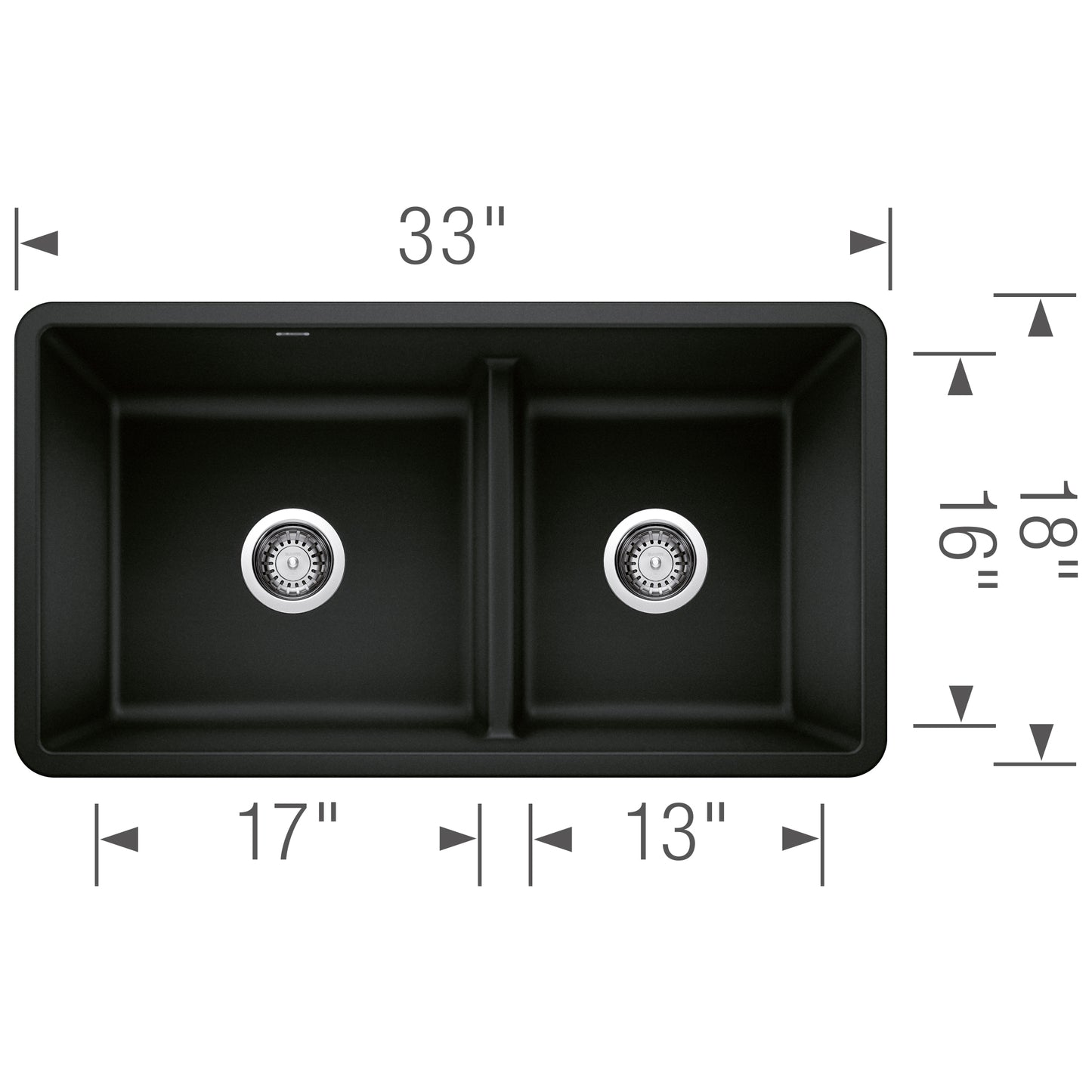 BLANCO Precis SILGRANIT 33" 60/40 Reversible Double Bowl Undermount Kitchen Sink with Low Divide top view with dimensions.