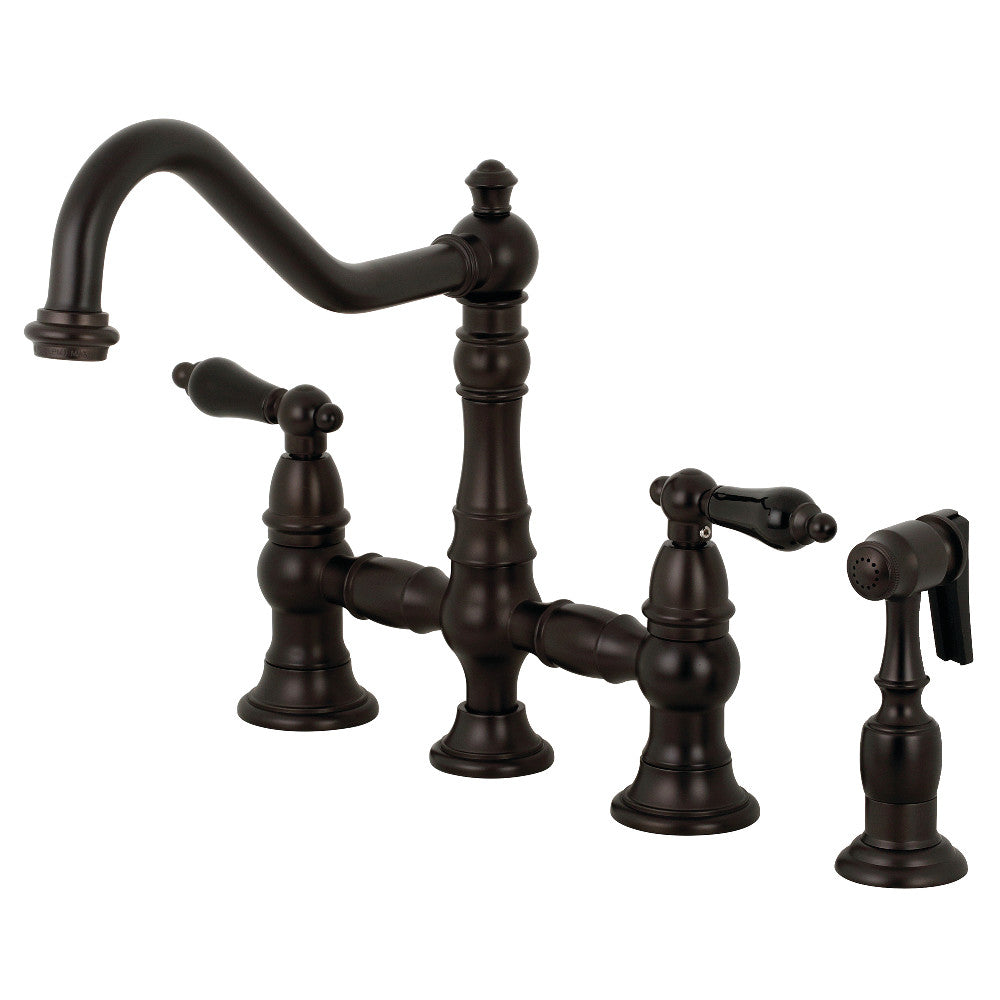 Kingston KS3277PKLBS Duchess Bridge Kitchen Faucet with Brass Sprayer, Brushed Brass and Oil Rubbed Bronze finish