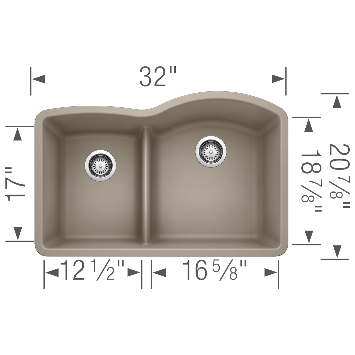 BLANCO Diamond SILGRANIT 32" 40/60 Reverse Double Bowl Undermount Kitchen Sink with Low Divide top view and dimensions