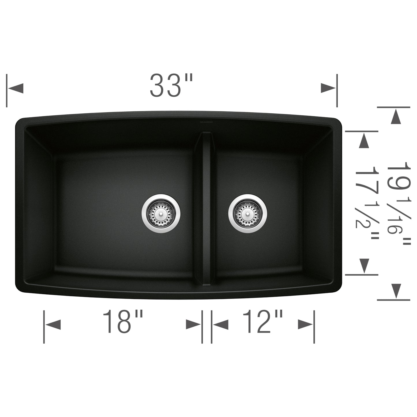 BLANCO Performa SILGRANIT 33" 60/40 Double Bowl Undermount Kitchen Sink with Low Divide dimensions and features.
