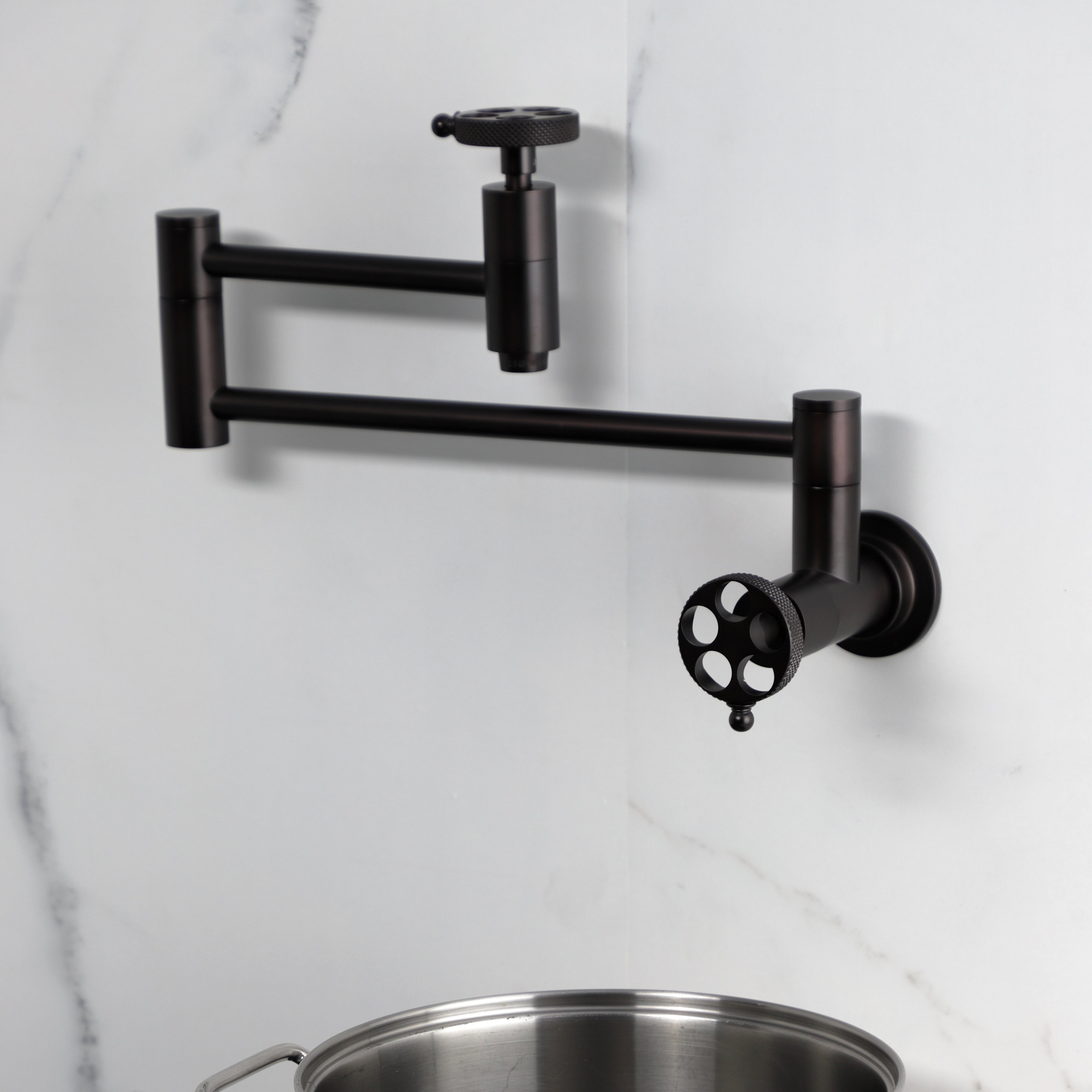 Kingston Brass KS8103RKX Webb Wall Mount Pot Filler Faucet with Knurled Handle, Antique Brass