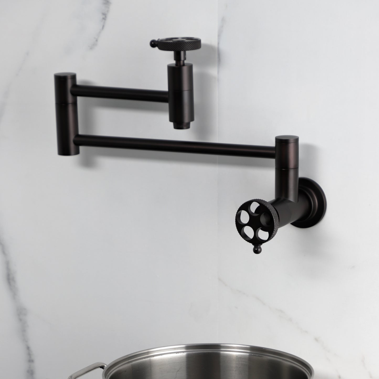 Kingston Brass KS8103RKX Webb Wall Mount Pot Filler Faucet with Knurled Handle, Antique Brass