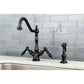 Kingston KS1238PKLBS Duchess Two-Handle Kitchen Faucet with Brass Sprayer, Brushed Nickel in a modern kitchen setting.