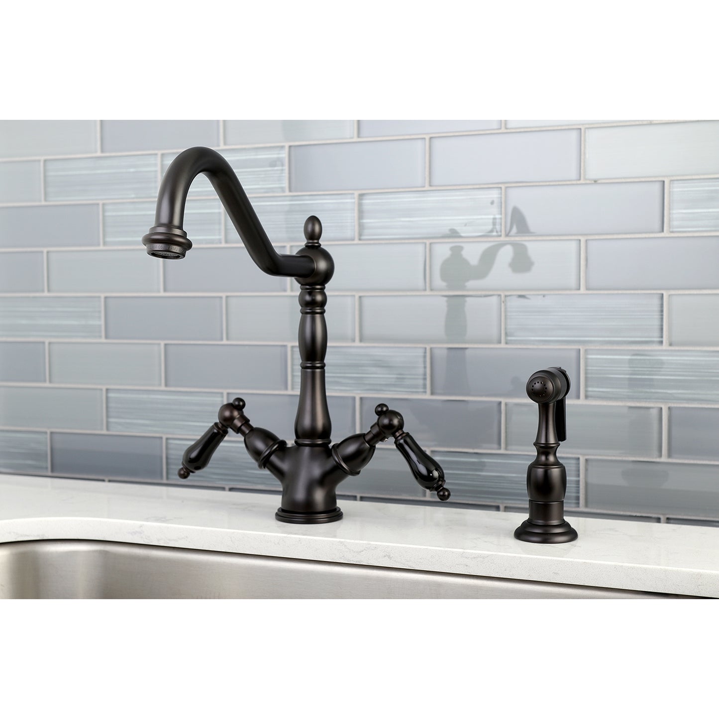 Kingston KS1238PKLBS Duchess Two-Handle Kitchen Faucet with Brass Sprayer, Brushed Nickel in a modern kitchen setting.