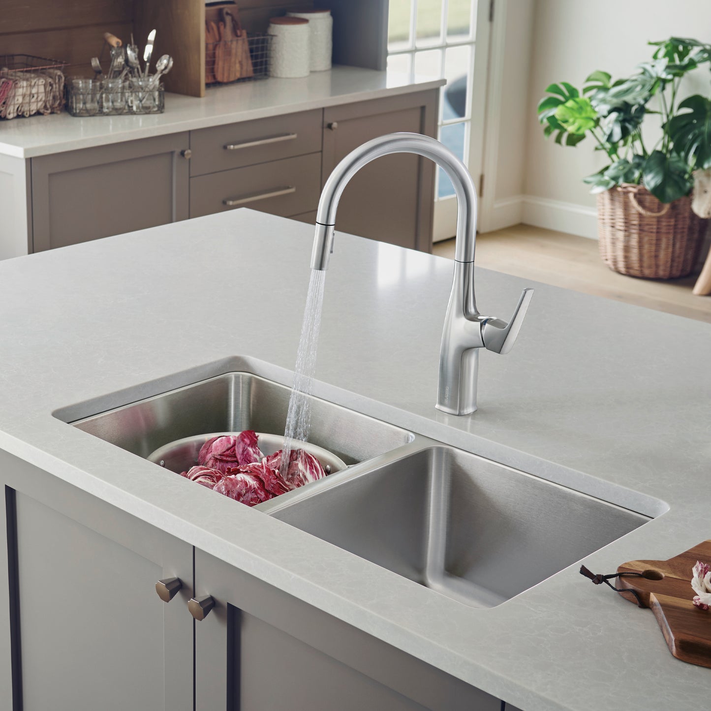 BLANCO Formera 33" 50/50 Double Bowl Undermount Stainless Steel Kitchen Sink with modern faucet in stylish kitchen.