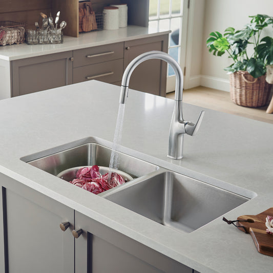 BLANCO Formera 33" 50/50 Double Bowl Undermount Stainless Steel Kitchen Sink with modern faucet in stylish kitchen.