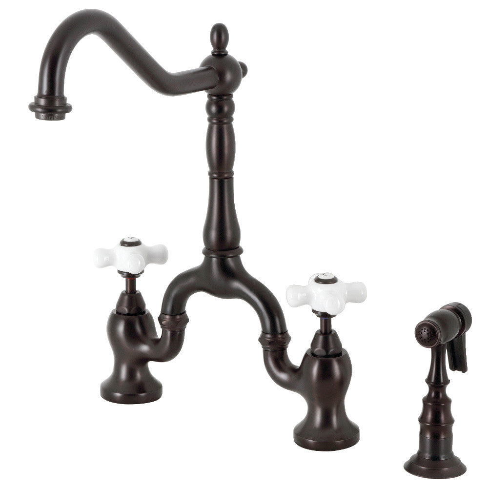 Kingston KS7758PXBS English Country Bridge Kitchen Faucet with Brass Sprayer, Brushed Nickel in oil rubbed bronze finish.