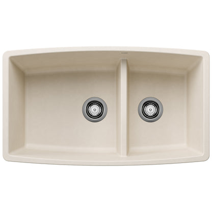 BLANCO Performa SILGRANIT 33" 60/40 Double Bowl Undermount Kitchen Sink with Low Divide in light color.