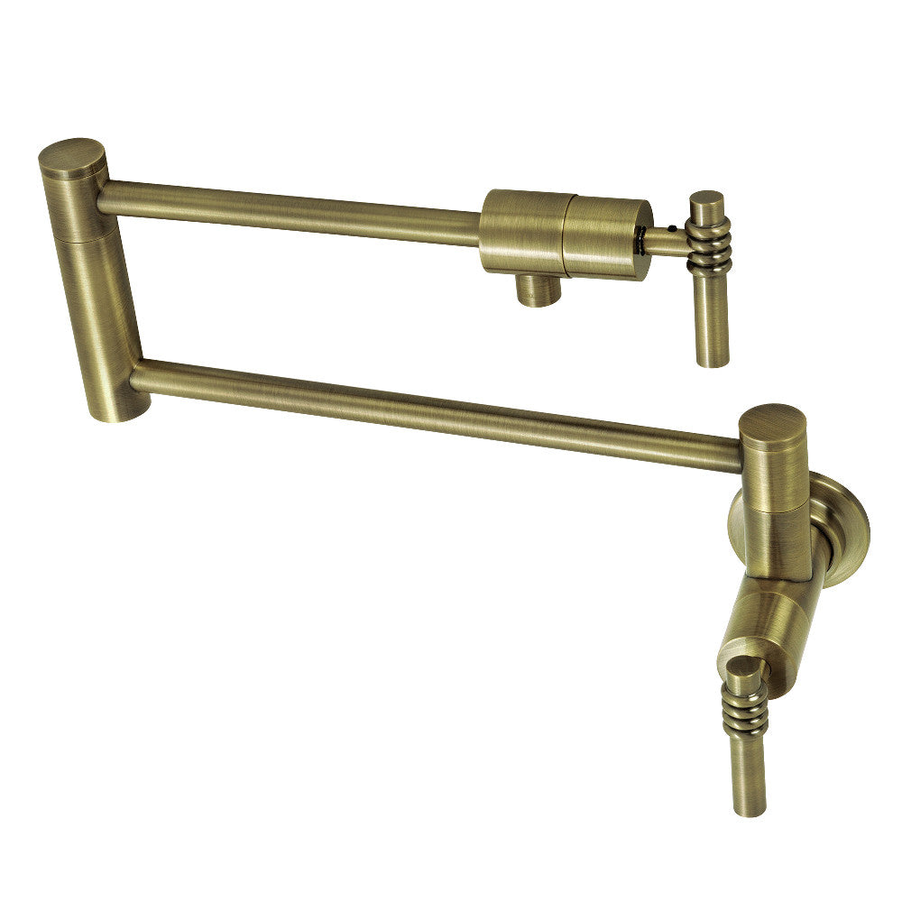 Kingston Brass KS4103ML Milano Wall Mount Pot Filler Faucet, Antique Brass with foldable swing arms and stylish design.