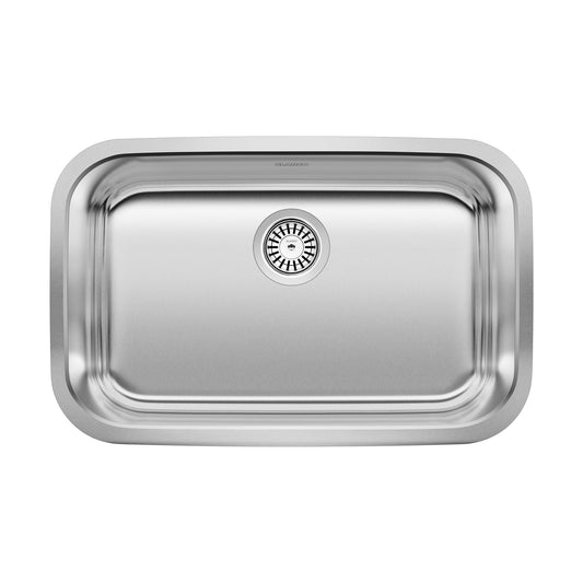 BLANCO Stellar 28" Single Bowl Undermount Stainless Steel ADA Kitchen Sink top view showing modern design and drain.
