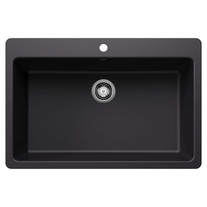 BLANCO Liven SILGRANIT 33" Super Single Dual Mount Kitchen Sink in a sleek black finish with a single basin design.