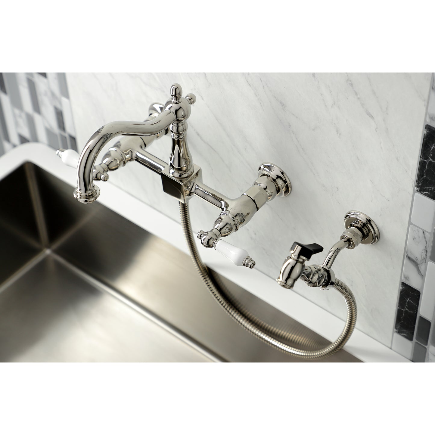 Kingston KS1263PLBS Heritage Two-Handle Wall Mount Bridge Kitchen Faucet with Brass Sprayer, Antique Brass