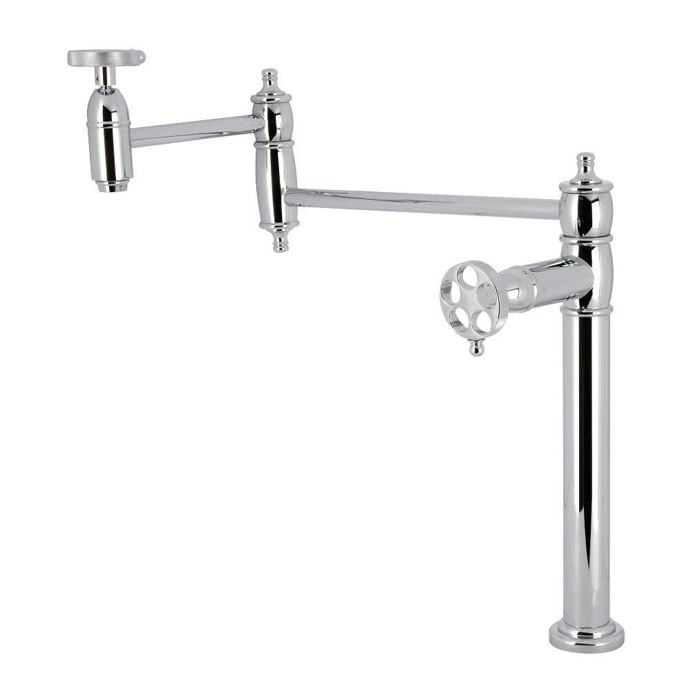 Kingston Brass KS3703RKZ Wendell Deck Mount Pot Filler Faucet with Knurled Handle, Antique Brass design in polished chrome finish.