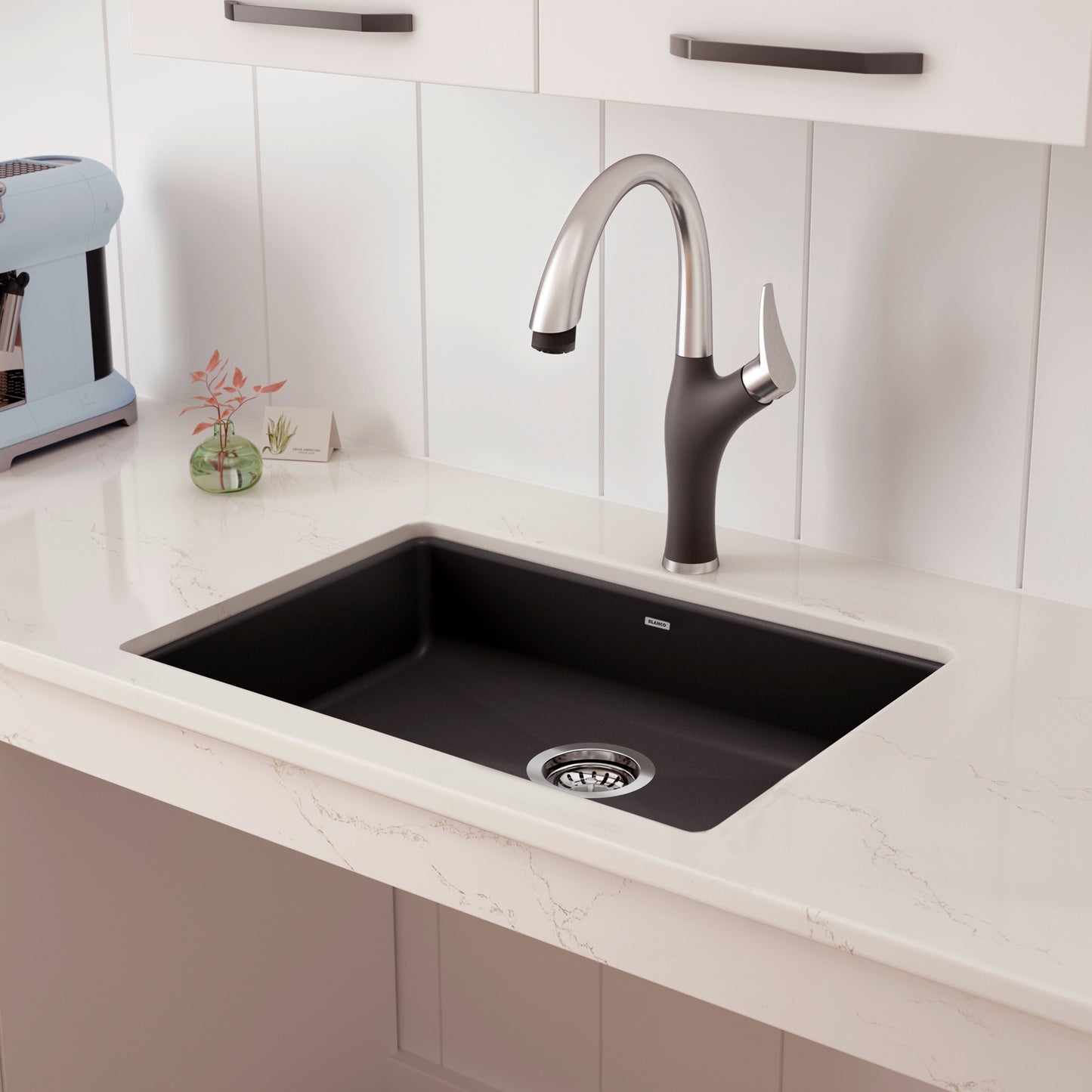 BLANCO Precis SILGRANIT 25" ADA Single Bowl Undermount Kitchen Sink installed in a modern kitchen countertop.