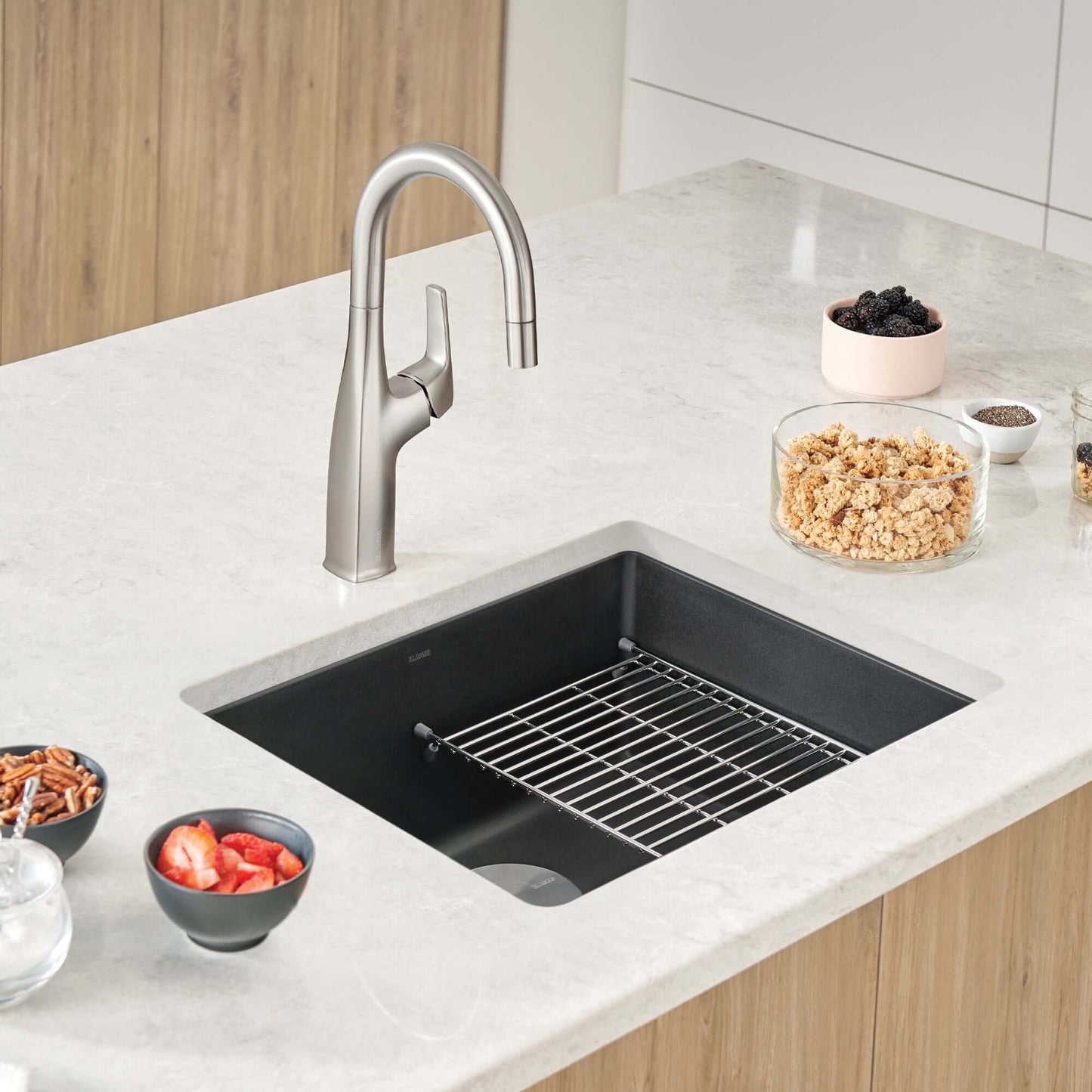 BLANCO Precis SILGRANIT 21" Single Bowl Undermount Kitchen Sink with modern faucet and prep bowls on countertop.