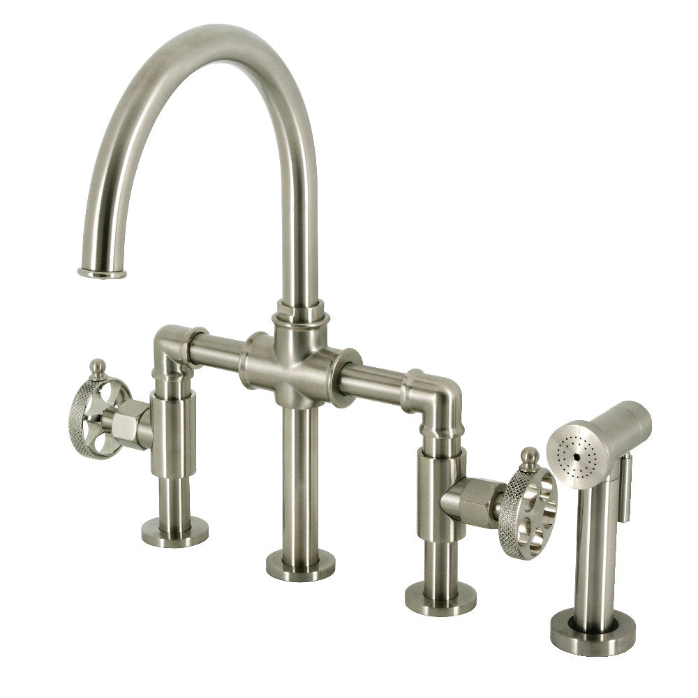 Kingston KS2333RKX Webb Knurled Handle Bridge Kitchen Faucet with Brass Sprayer, Antique Brass
