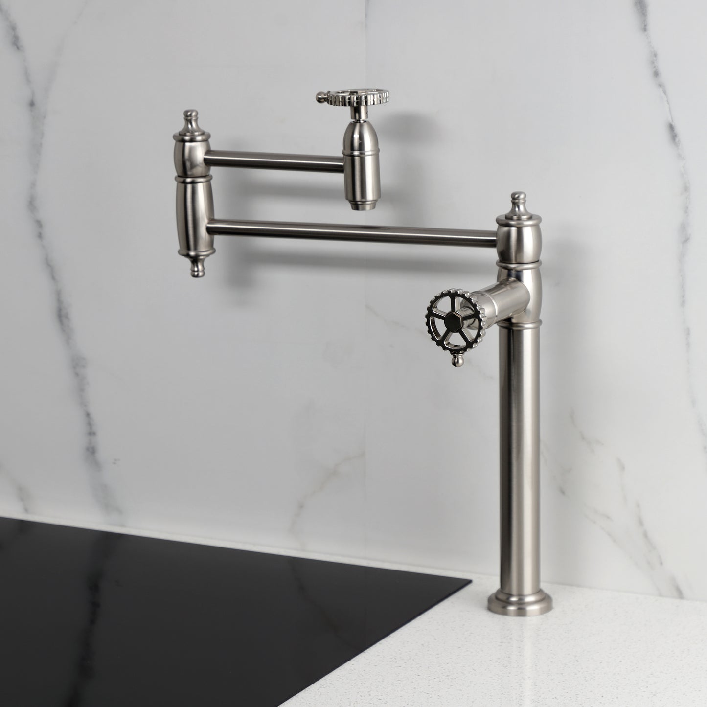 Kingston Brass KS3703CG Fuller Deck Mount Pot Filler Faucet, Antique Brass on countertop with modern design.