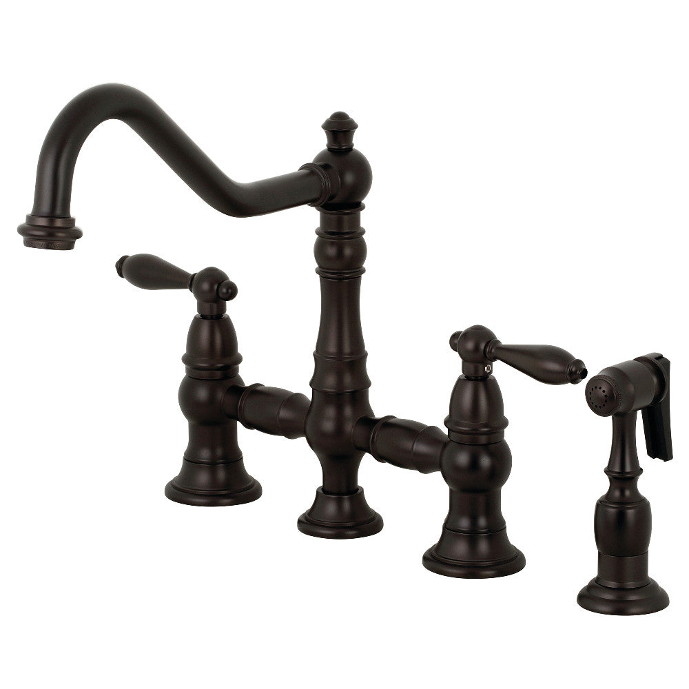 Kingston KS3277ALBS Restoration Bridge Kitchen Faucet with Brass Sprayer, Brushed Brass in oil rubbed bronze finish