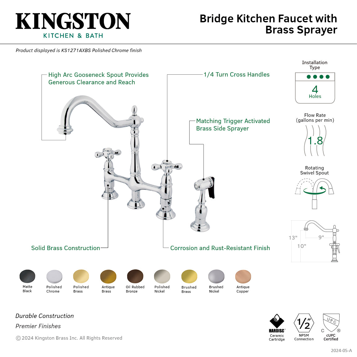 Kingston KS1273AXBS Heritage Bridge Kitchen Faucet with Brass Sprayer, Antique Brass features high arc gooseneck spout.