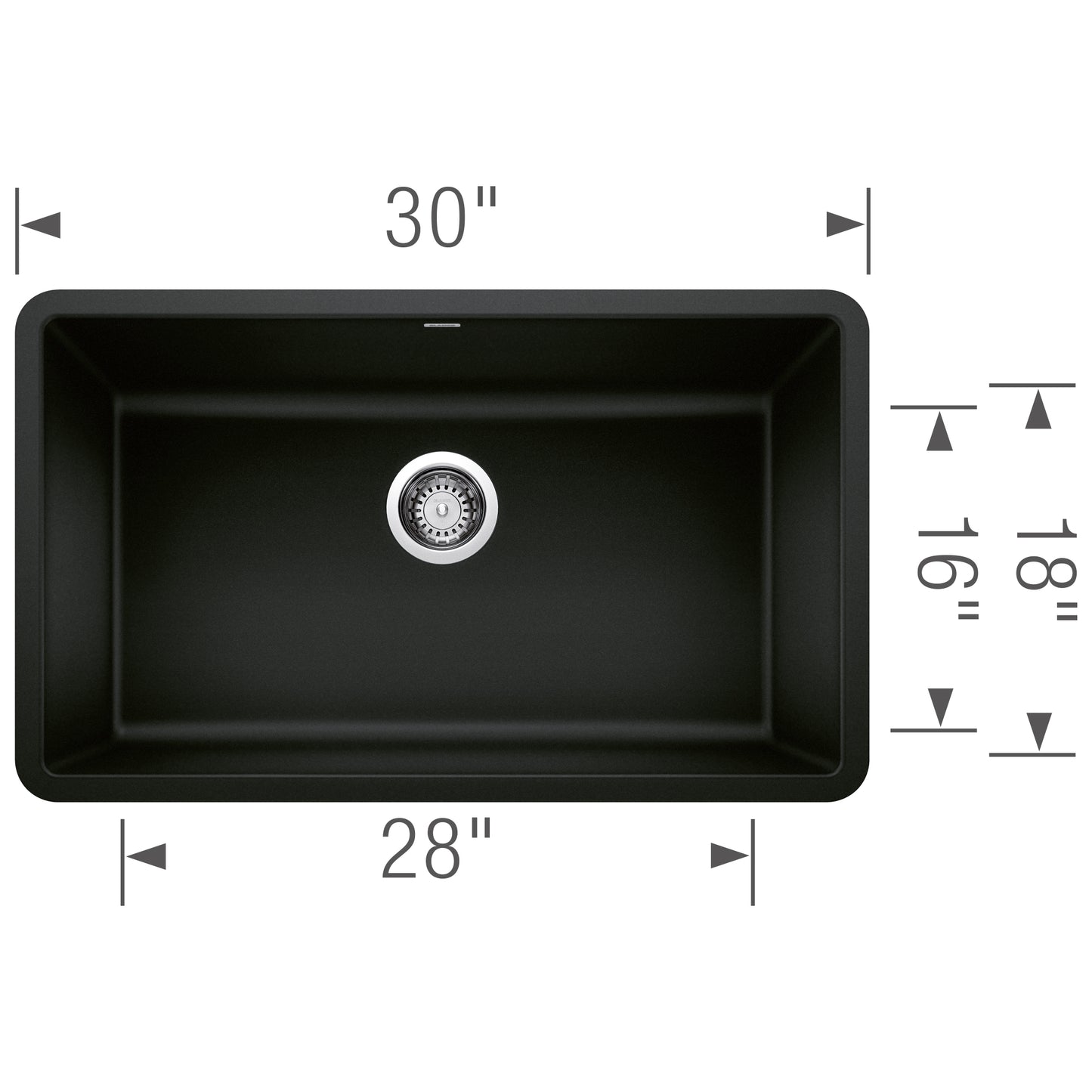 BLANCO Precis SILGRANIT 30" Single Bowl Undermount Kitchen Sink dimensions showing 30" x 28" x 18" size.