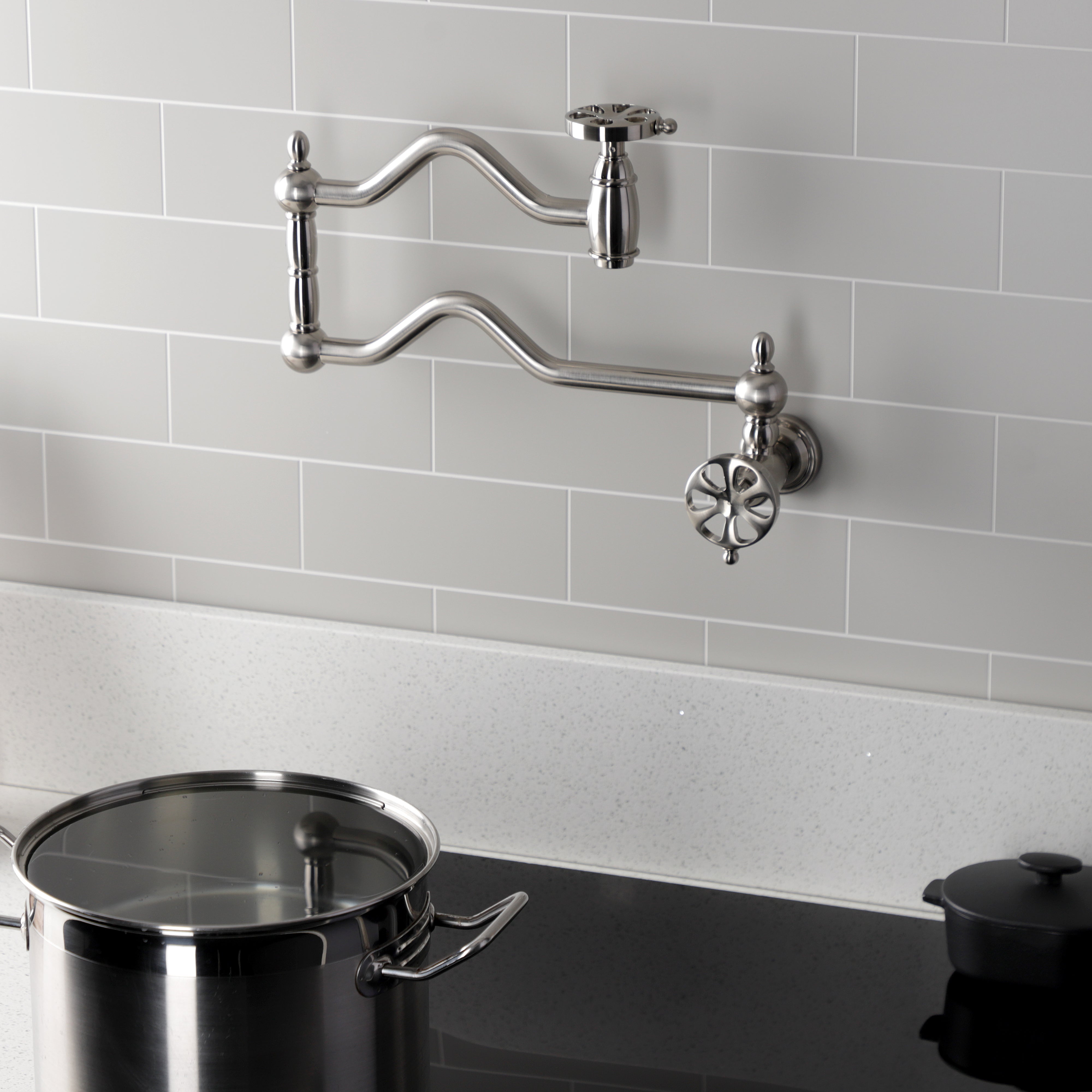 Kingston Brass KS2107RX Belknap Wall Mount Pot Filler Faucet, Brushed Brass with stylish kitchen design.