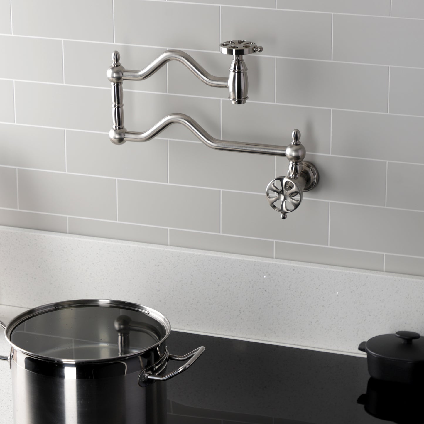 Kingston Brass KS2107RX Belknap Wall Mount Pot Filler Faucet, Brushed Brass with stylish kitchen design.