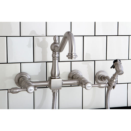 Kingston KS1248TALBS Tudor Two-Handle Wall Mount Bridge Kitchen Faucet with Brass Sprayer, Brushed Nickel