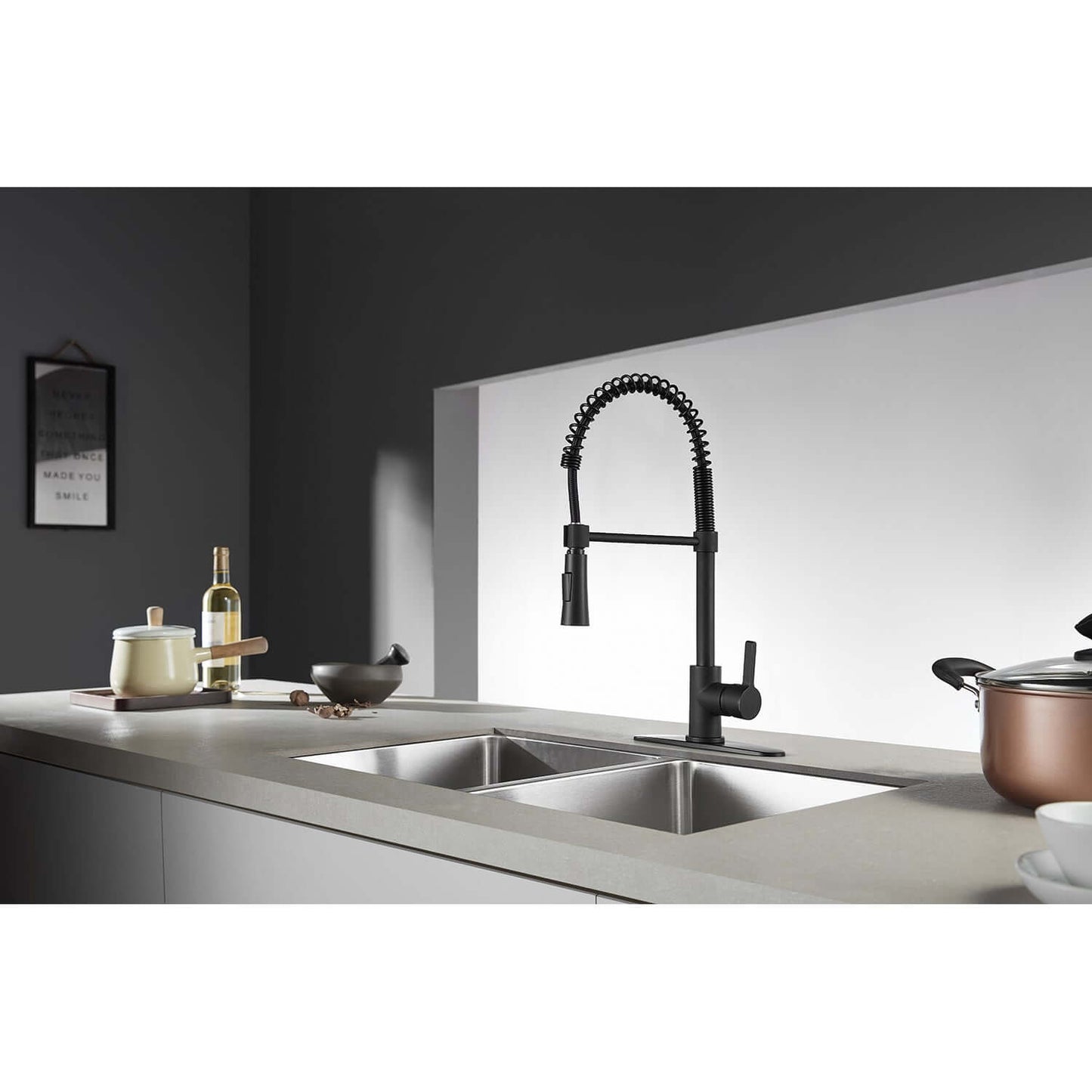 Gourmetier LS8678CTL Continental Single-Handle Deck-Mount Pre-Rinse Kitchen Faucet, Brushed Nickel, left side view in modern kitchen setting.