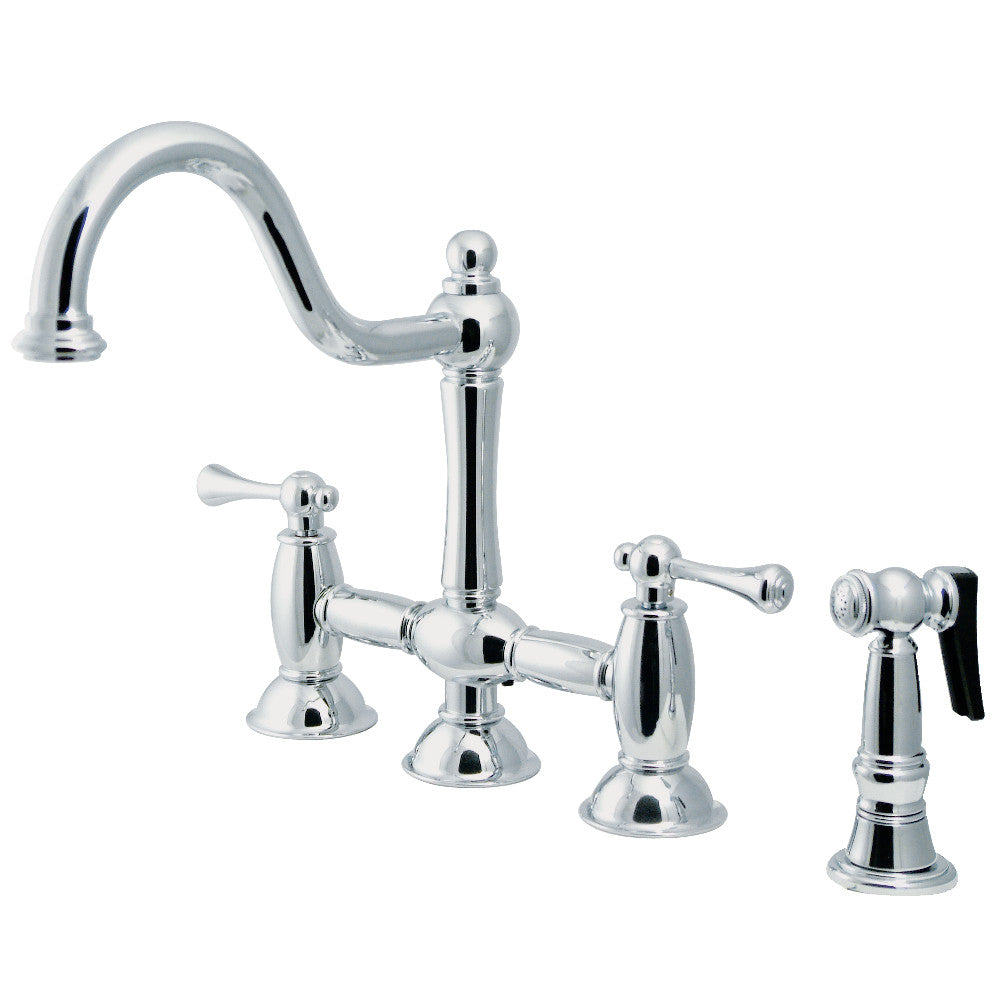 Kingston KS3798BLBS Restoration Bridge Kitchen Faucet with Brass Sprayer, Brushed Nickel