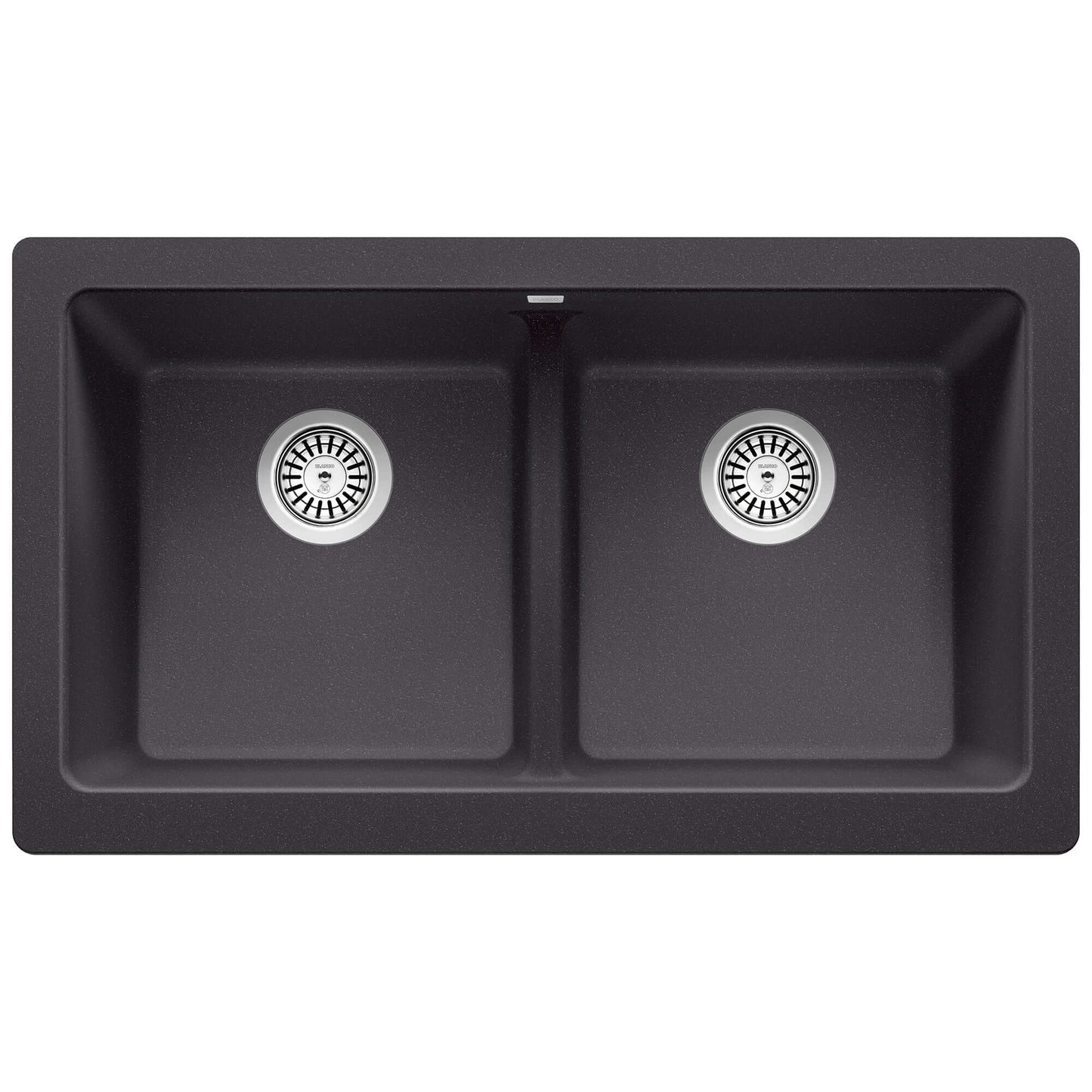 BLANCO VINTERA 33" SILGRANIT Double Bowl Farmhouse Sink in a sleek black finish with two equal bowls.
