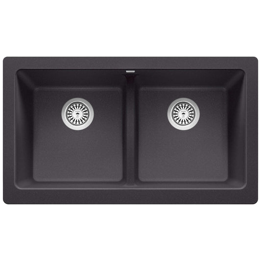 BLANCO VINTERA 33" SILGRANIT Double Bowl Farmhouse Sink in a sleek black finish with two equal bowls.