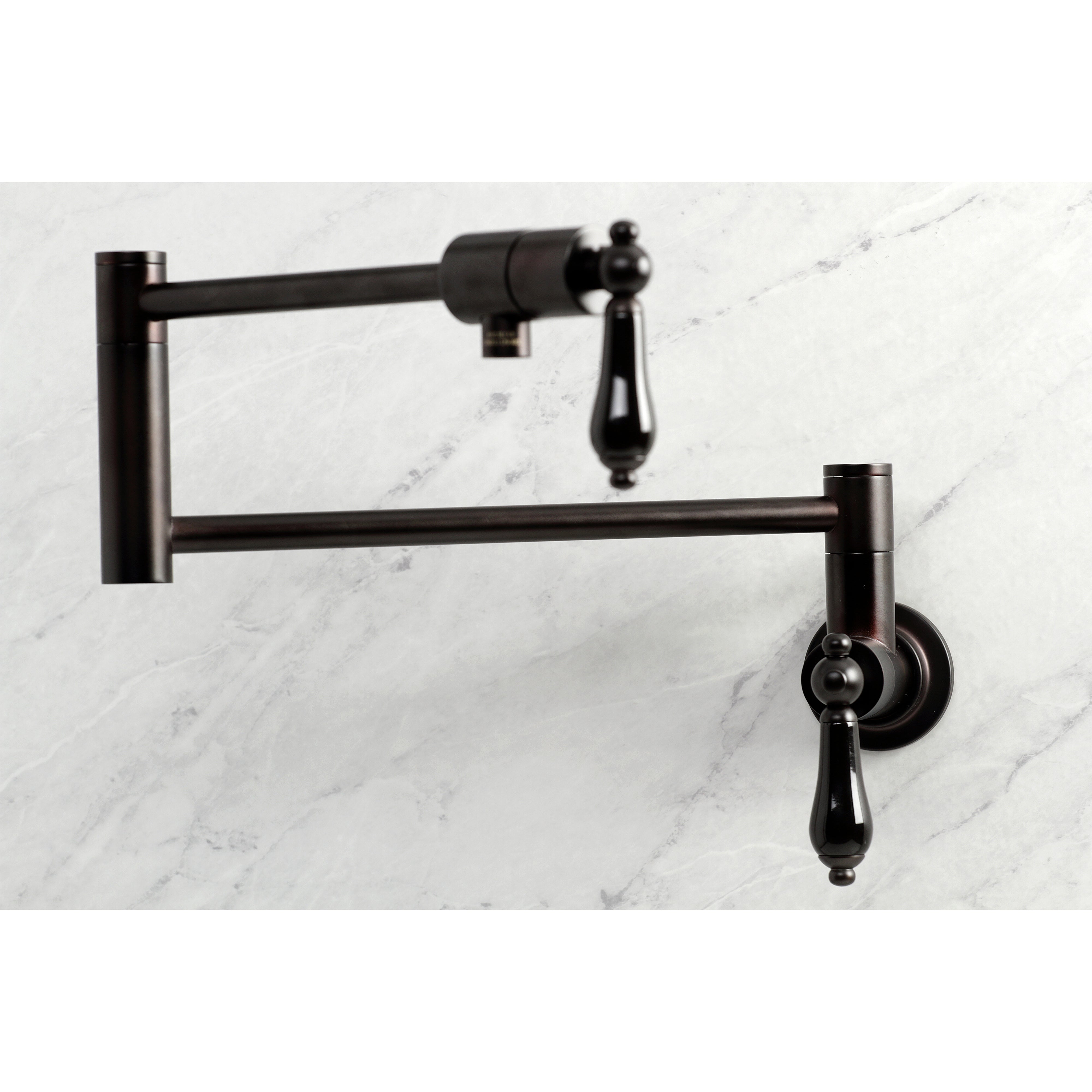 Kingston Brass KS4107PKL Duchess Wall Mount Pot Filler Faucet, Brushed Brass with black porcelain handles