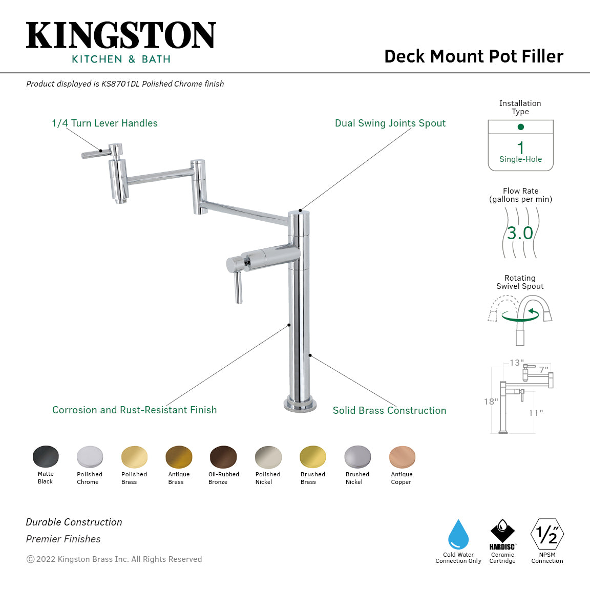 Kingston Brass KS870DLAC Concord Deck Mount Pot Filler Faucet, Antique Copper features dual swing spout and solid brass construction.