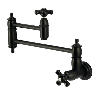 Kingston Brass KS3103PKX Duchess Wall Mount Pot Filler Faucet, Antique Brass in matte black finish with porcelain handles