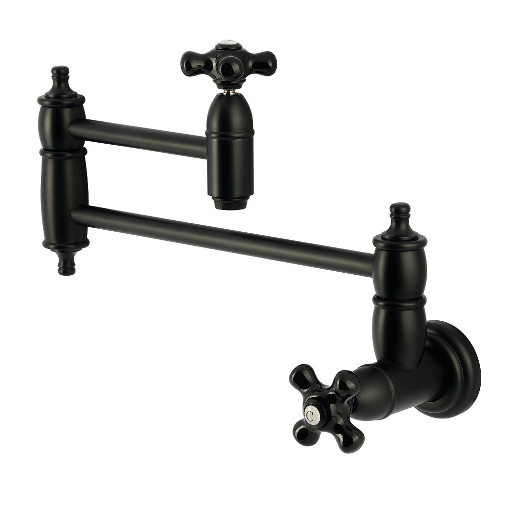 Kingston Brass KS3103PKX Duchess Wall Mount Pot Filler Faucet, Antique Brass in matte black finish with porcelain handles